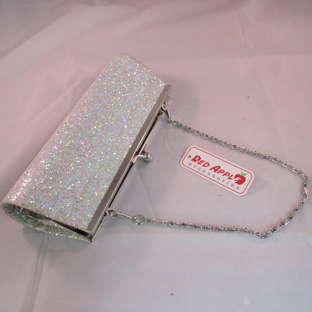 Clutch Evening Bag Glitter Short Chain White NWT